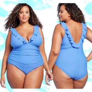 KONA SOL One Piece Bikini Ruched Ruffle Swim V-Neck Full Coverage Blue 22